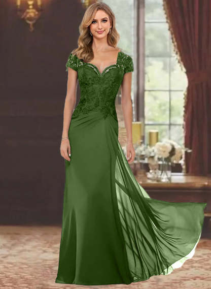 Sweetheart Short-Sleeve Floor-Length Sheath Mother of the Bride Dress with Lace Appliques & Sequins