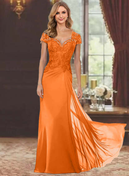Sweetheart Short-Sleeve Floor-Length Sheath Mother of the Bride Dress with Lace Appliques & Sequins
