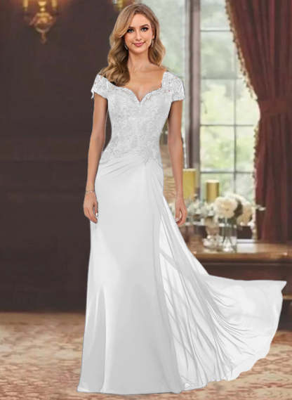 Sweetheart Short-Sleeve Floor-Length Sheath Mother of the Bride Dress with Lace Appliques & Sequins