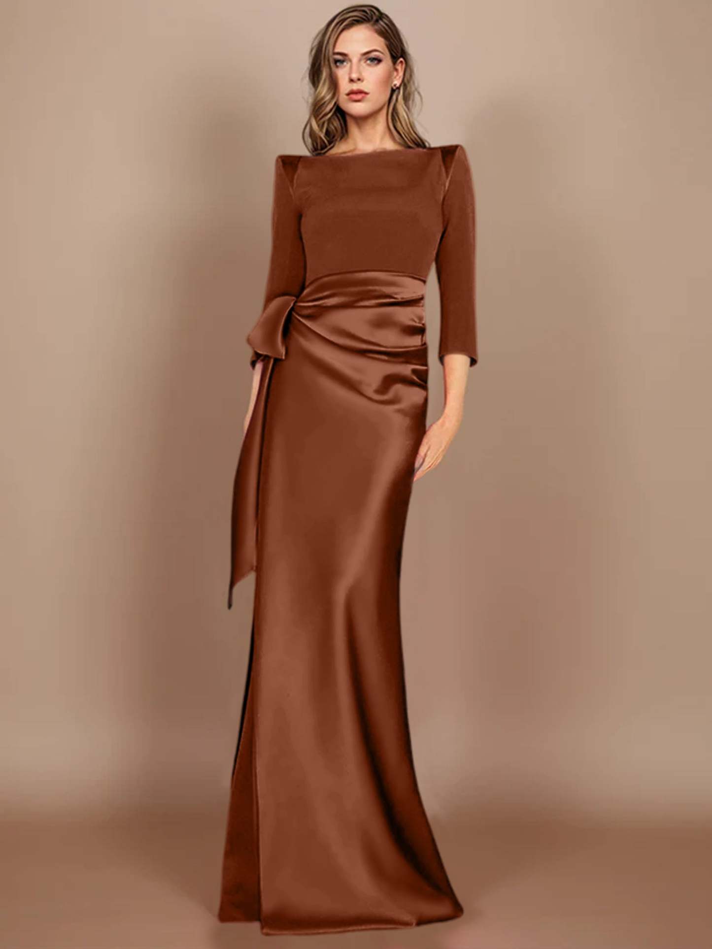 Floor-Length Mother of the Bride Dress with Bow and 3/4 Sleeves in Sheath/Column Style