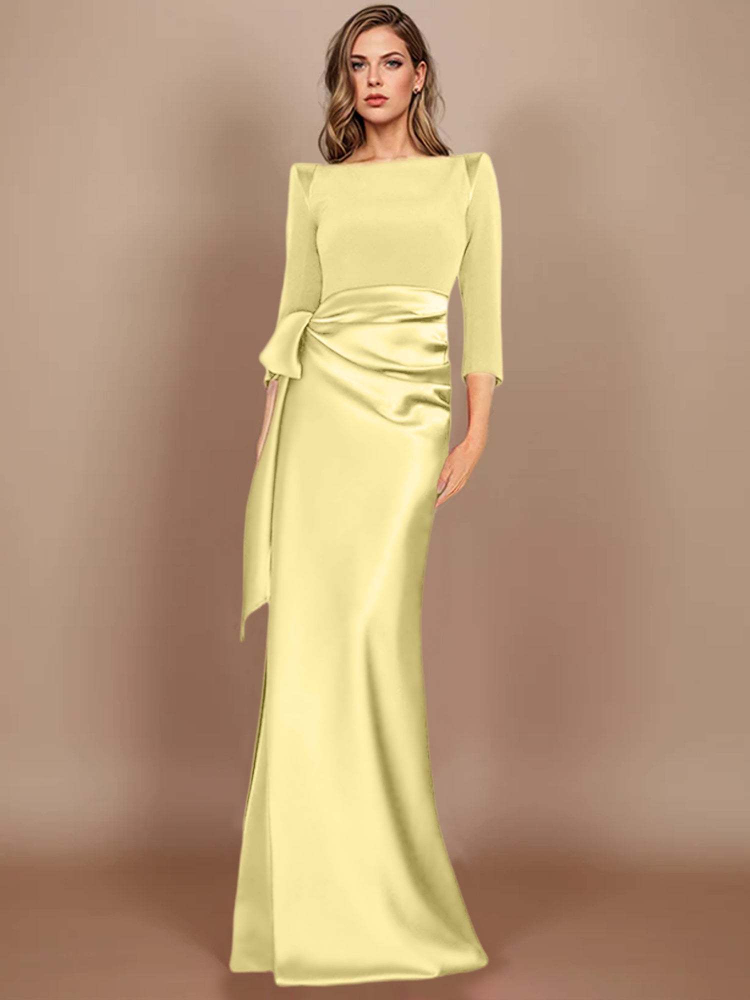 Floor-Length Mother of the Bride Dress with Bow and 3/4 Sleeves in Sheath/Column Style
