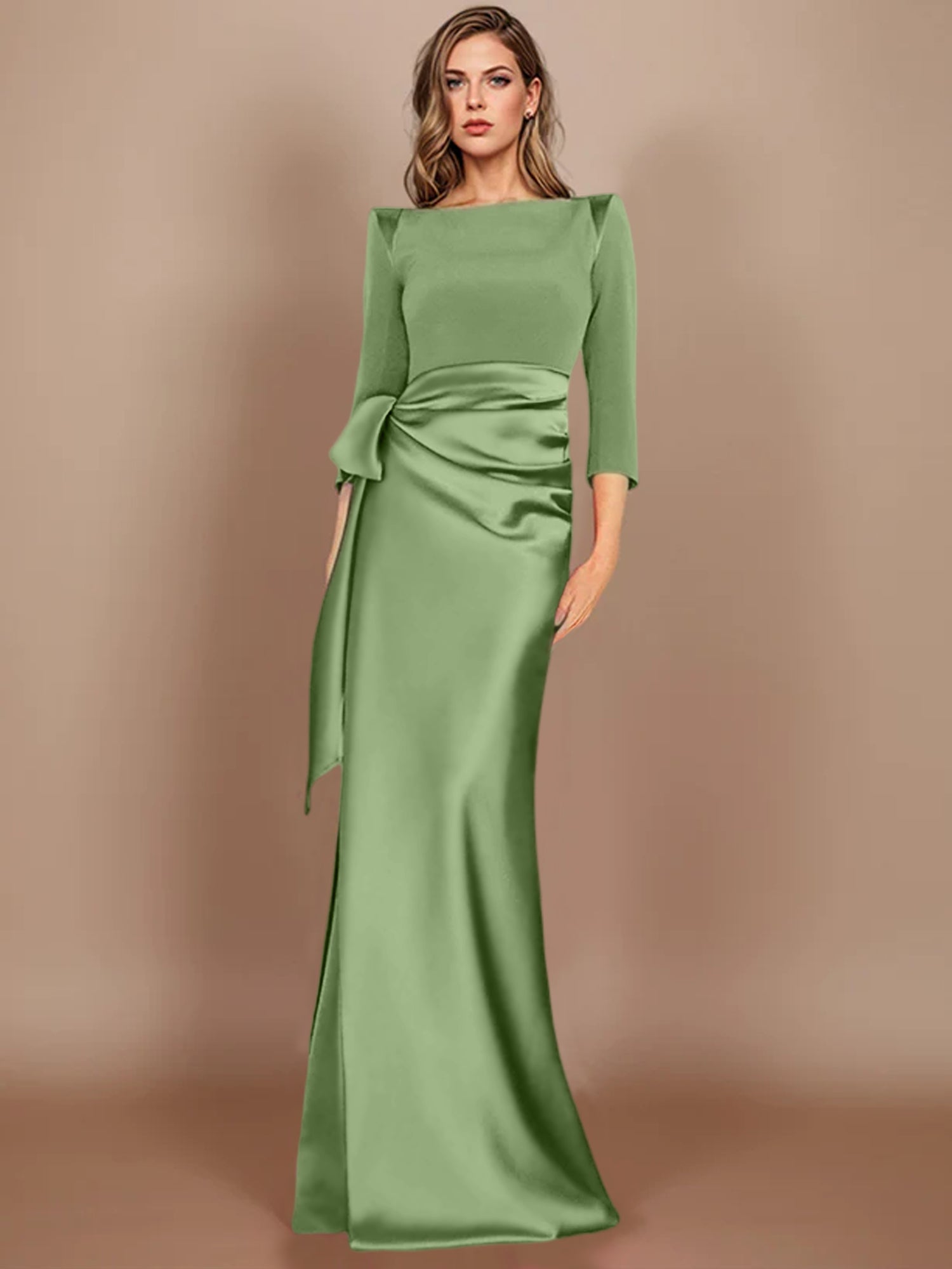 Floor-Length Mother of the Bride Dress with Bow and 3/4 Sleeves in Sheath/Column Style