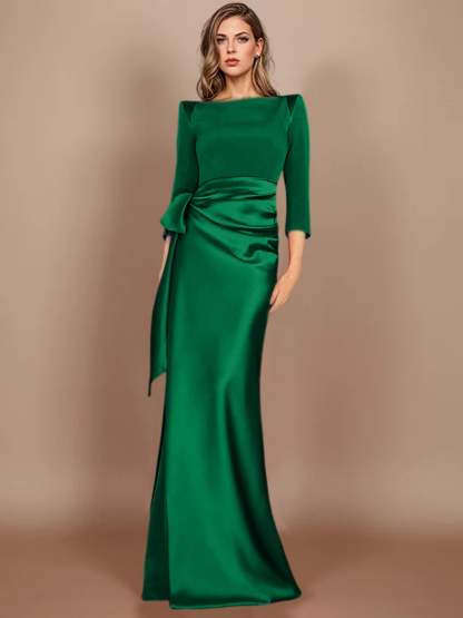 Floor-Length Mother of the Bride Dress with Bow and 3/4 Sleeves in Sheath/Column Style