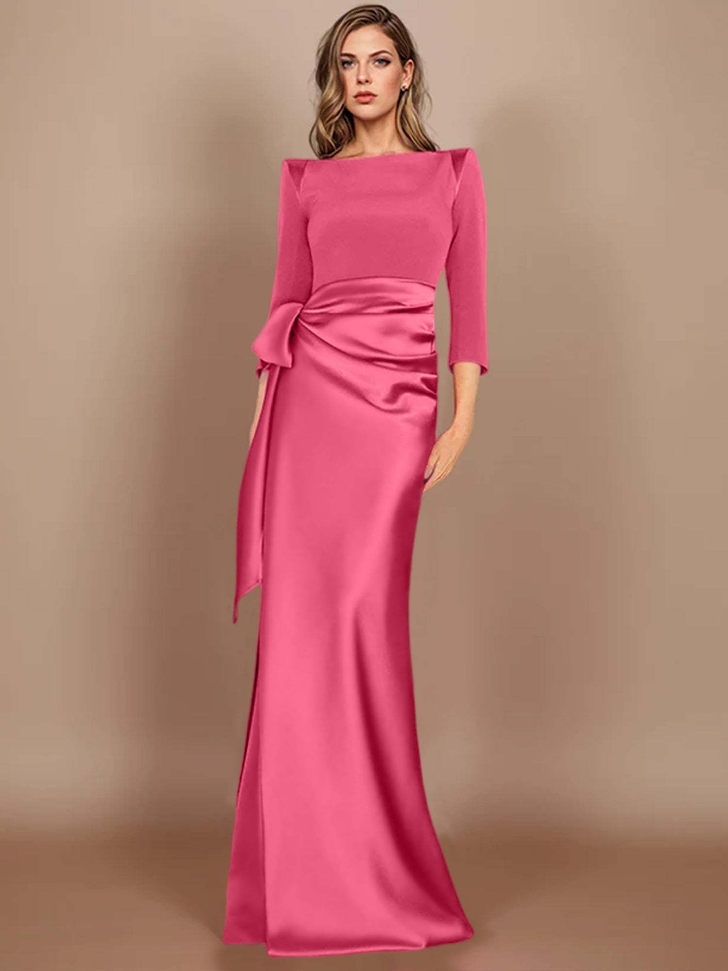 Floor-Length Mother of the Bride Dress with Bow and 3/4 Sleeves in Sheath/Column Style