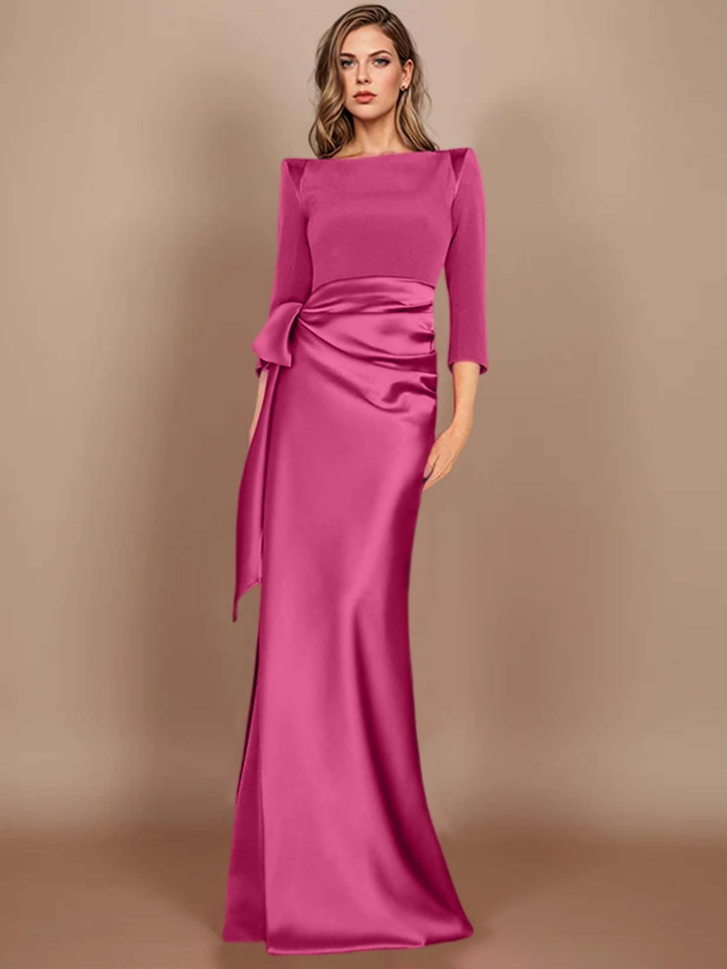 Floor-Length Mother of the Bride Dress with Bow and 3/4 Sleeves in Sheath/Column Style