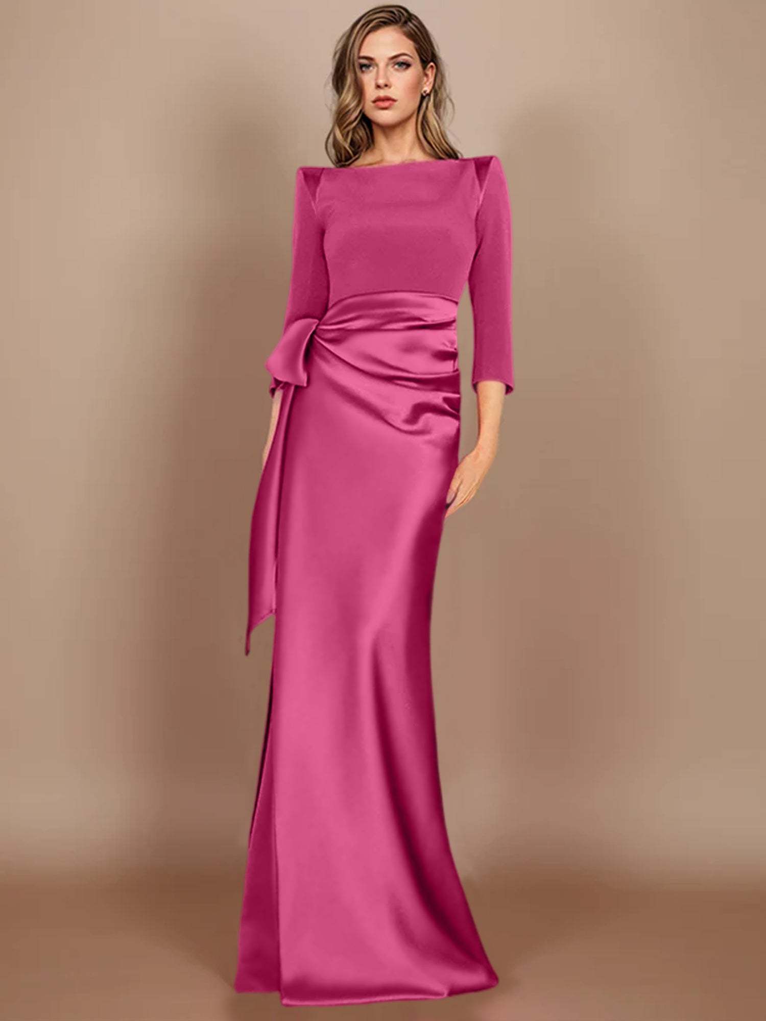 Floor-Length Mother of the Bride Dress with Bow and 3/4 Sleeves in Sheath/Column Style