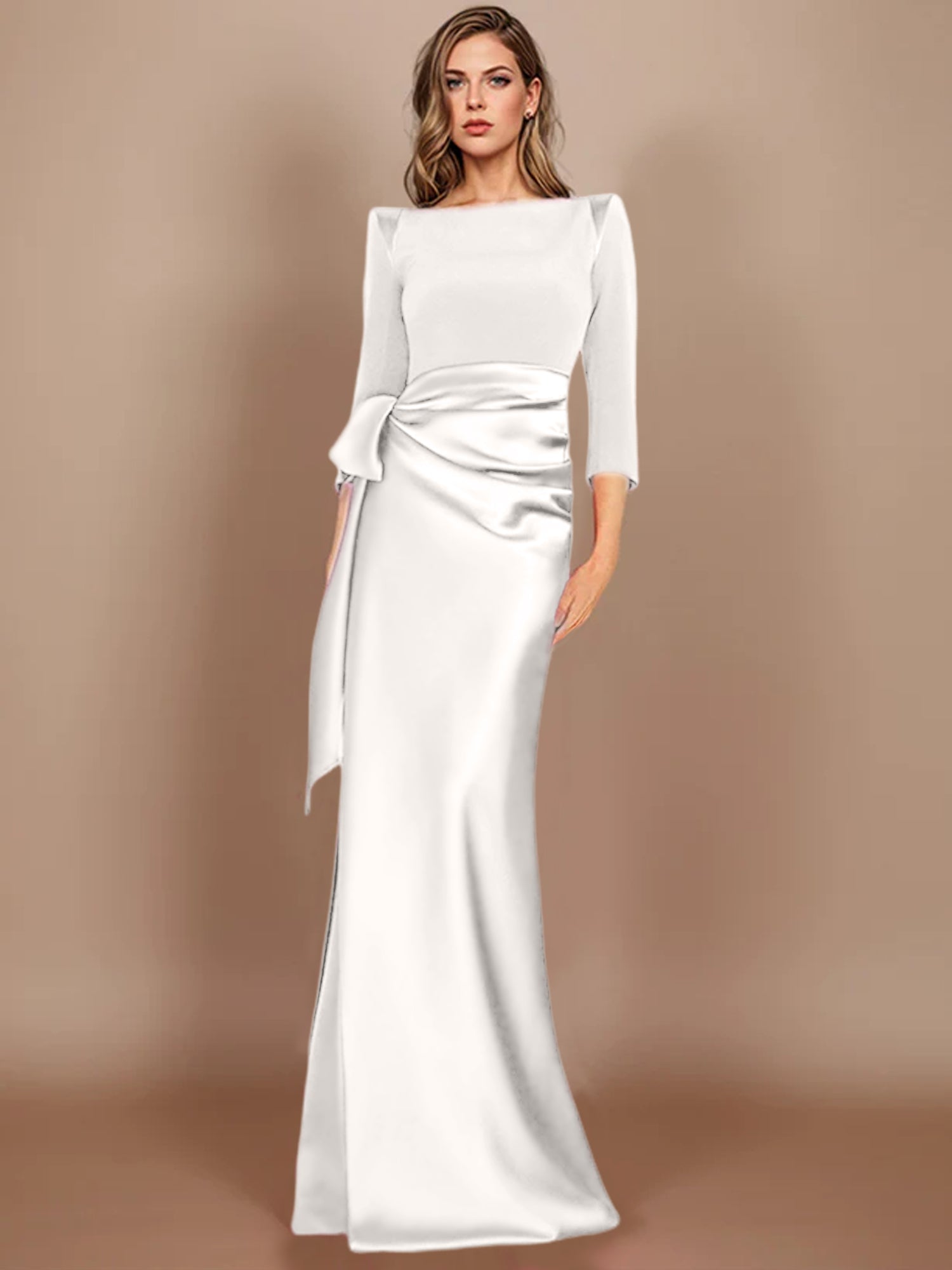 Floor-Length Mother of the Bride Dress with Bow and 3/4 Sleeves in Sheath/Column Style