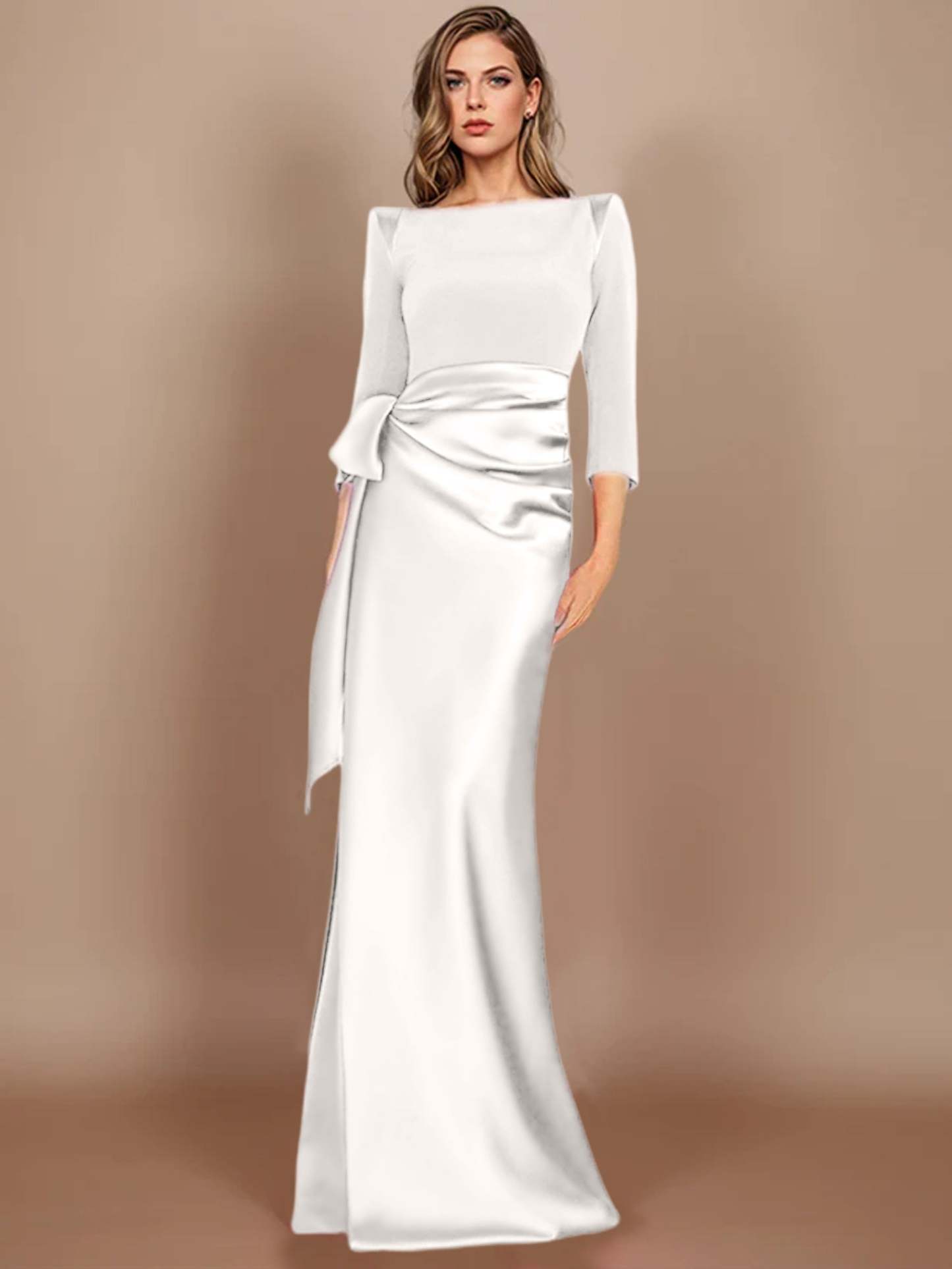 Floor-Length Mother of the Bride Dress with Bow and 3/4 Sleeves in Sheath/Column Style