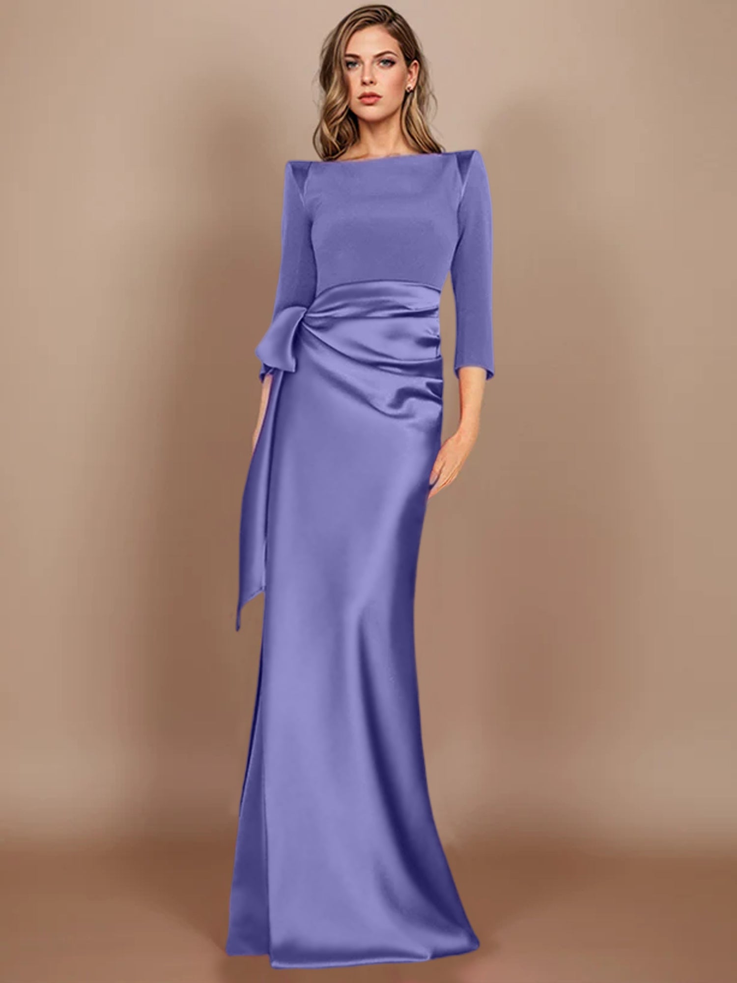 Floor-Length Mother of the Bride Dress with Bow and 3/4 Sleeves in Sheath/Column Style