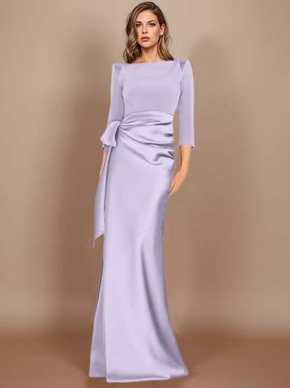 Floor-Length Mother of the Bride Dress with Bow and 3/4 Sleeves in Sheath/Column Style