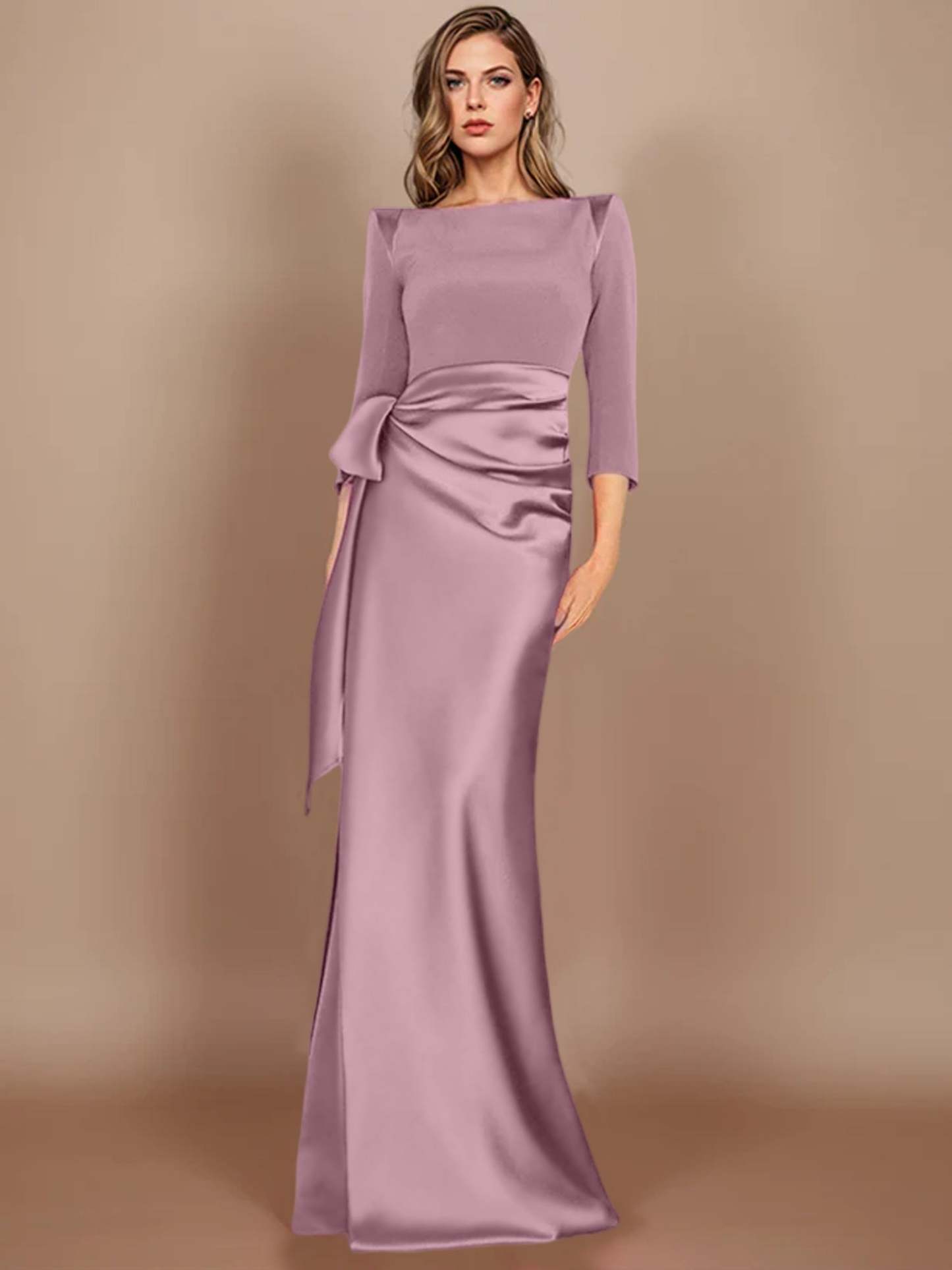 Floor-Length Mother of the Bride Dress with Bow and 3/4 Sleeves in Sheath/Column Style
