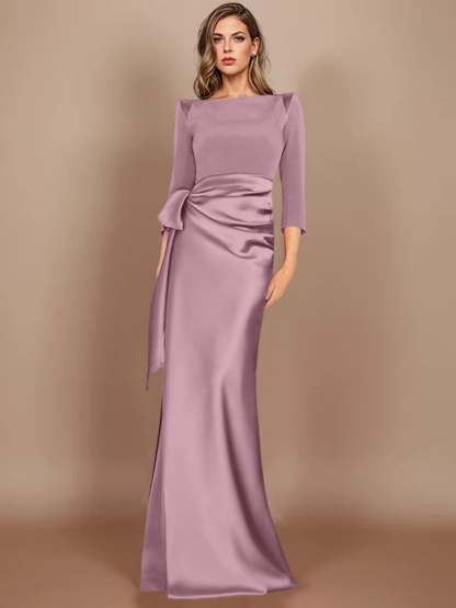 Floor-Length Mother of the Bride Dress with Bow and 3/4 Sleeves in Sheath/Column Style