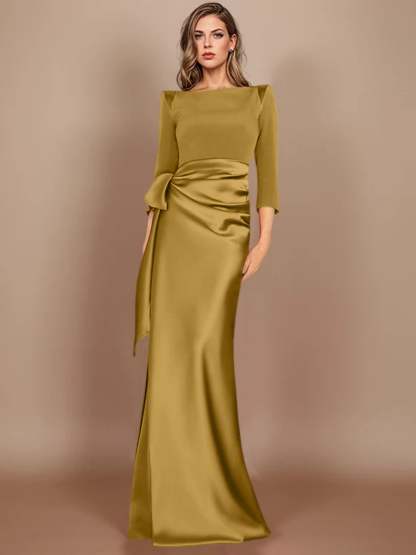 Floor-Length Mother of the Bride Dress with Bow and 3/4 Sleeves in Sheath/Column Style