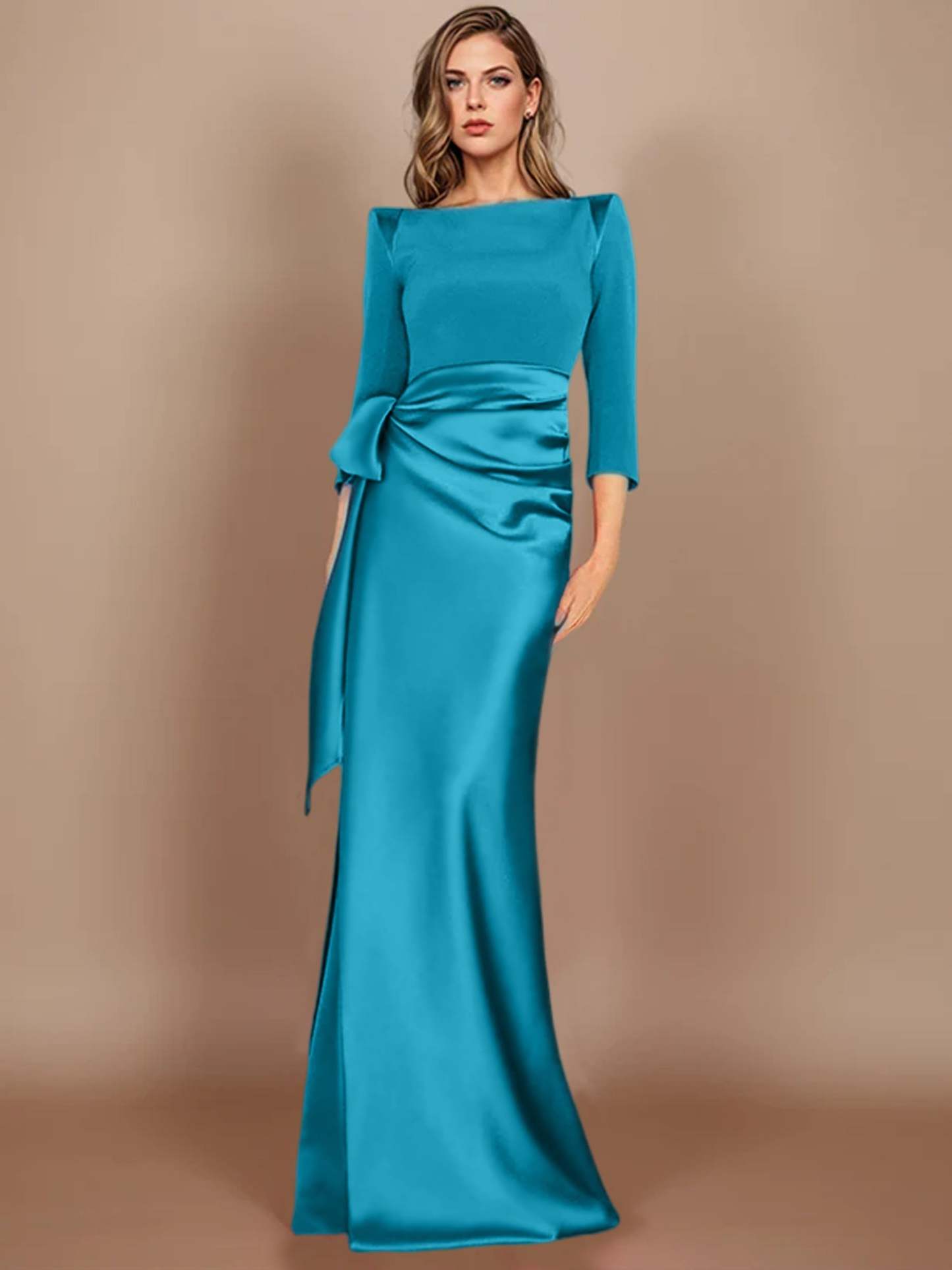 Floor-Length Mother of the Bride Dress with Bow and 3/4 Sleeves in Sheath/Column Style