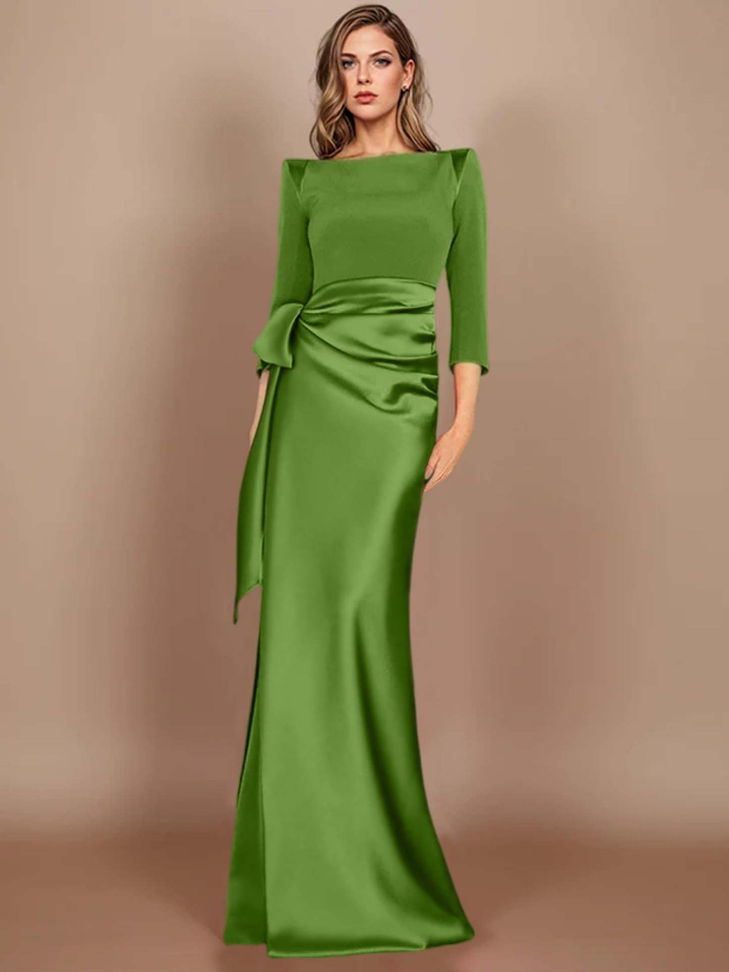 Floor-Length Mother of the Bride Dress with Bow and 3/4 Sleeves in Sheath/Column Style