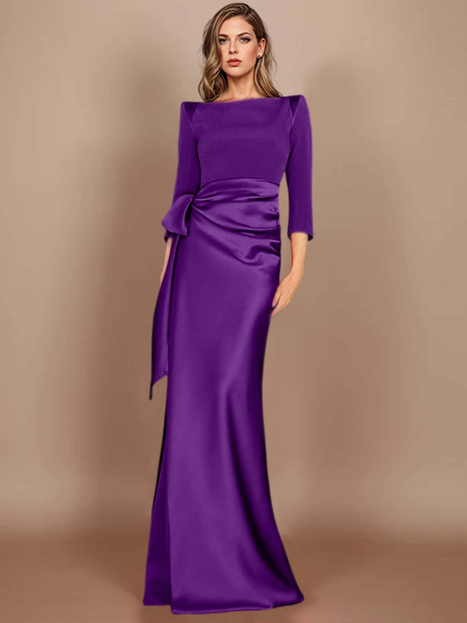 Floor-Length Mother of the Bride Dress with Bow and 3/4 Sleeves in Sheath/Column Style