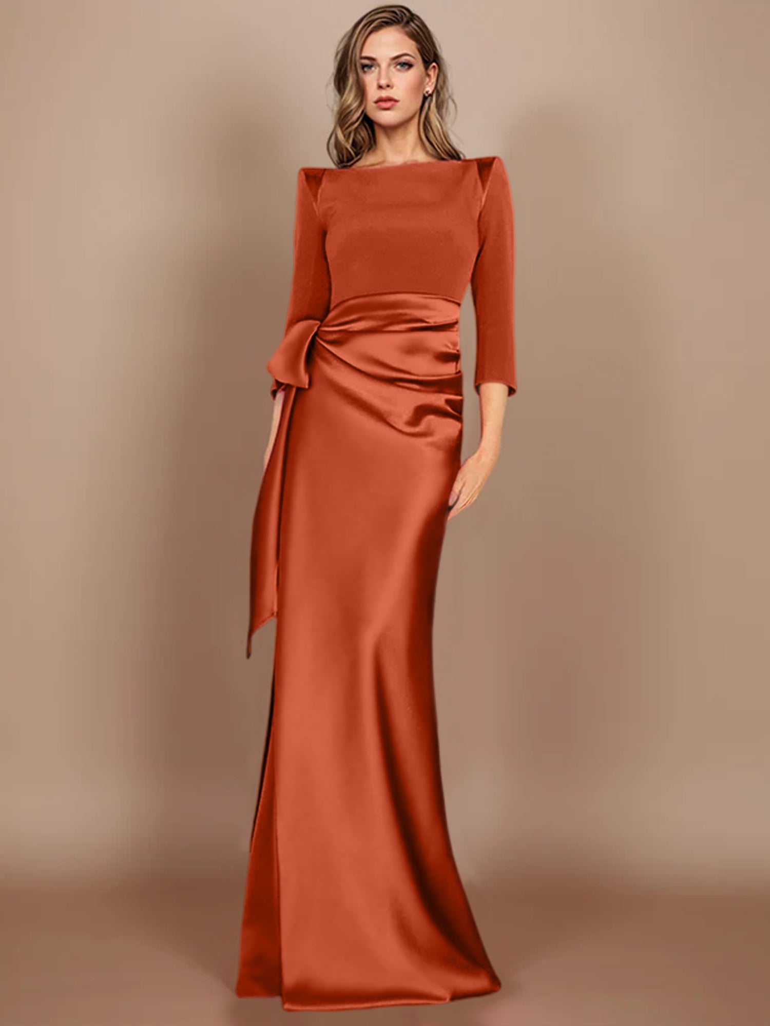Floor-Length Mother of the Bride Dress with Bow and 3/4 Sleeves in Sheath/Column Style