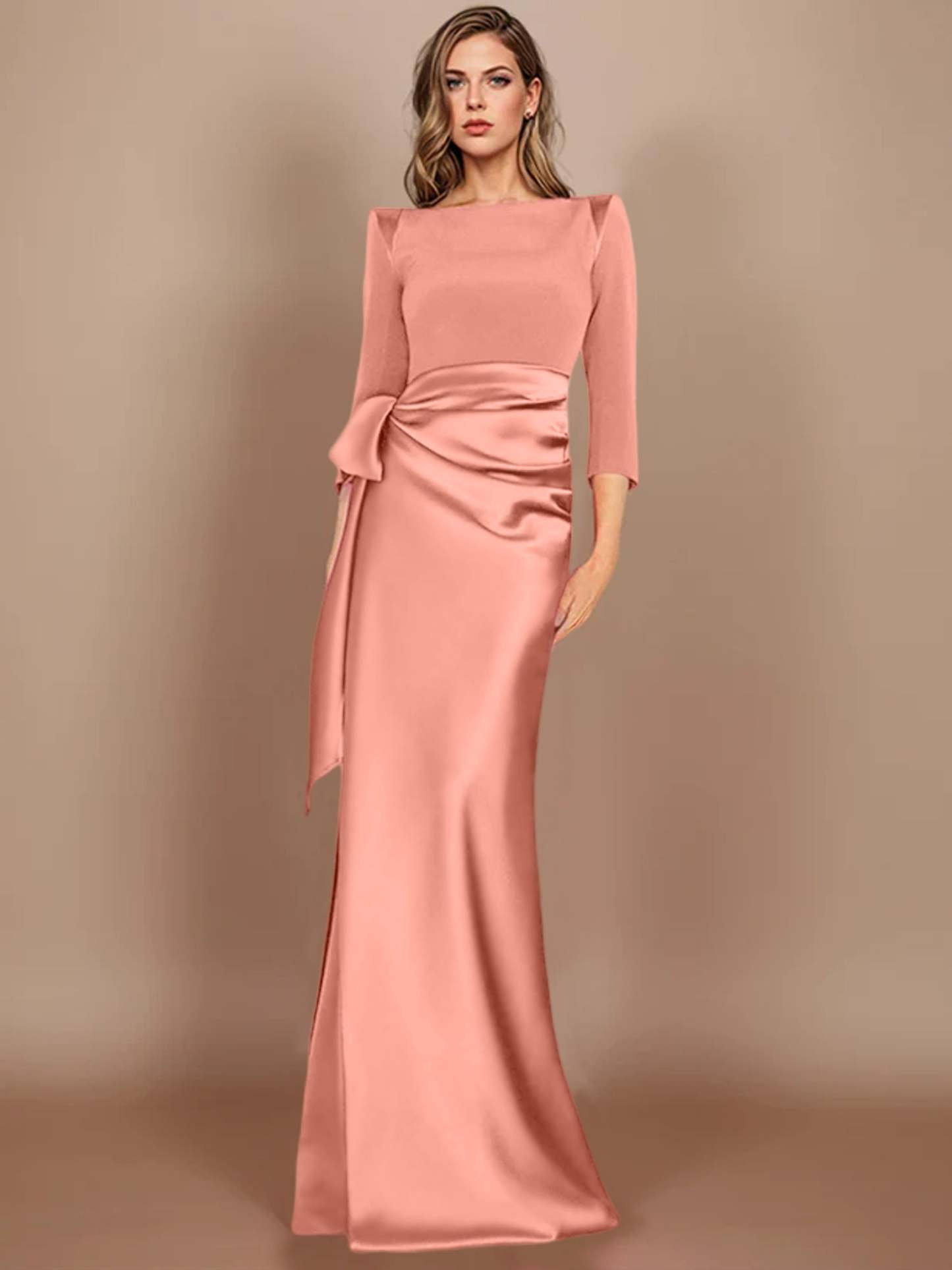 Floor-Length Mother of the Bride Dress with Bow and 3/4 Sleeves in Sheath/Column Style