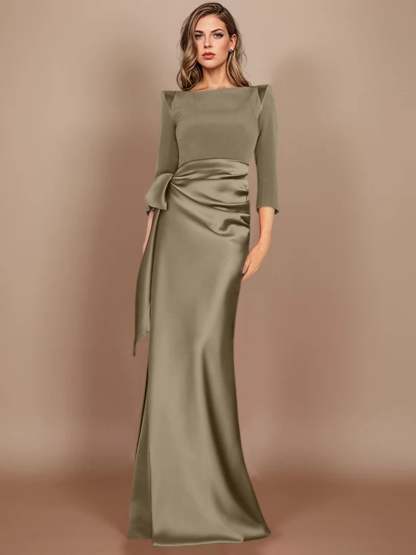 Floor-Length Mother of the Bride Dress with Bow and 3/4 Sleeves in Sheath/Column Style