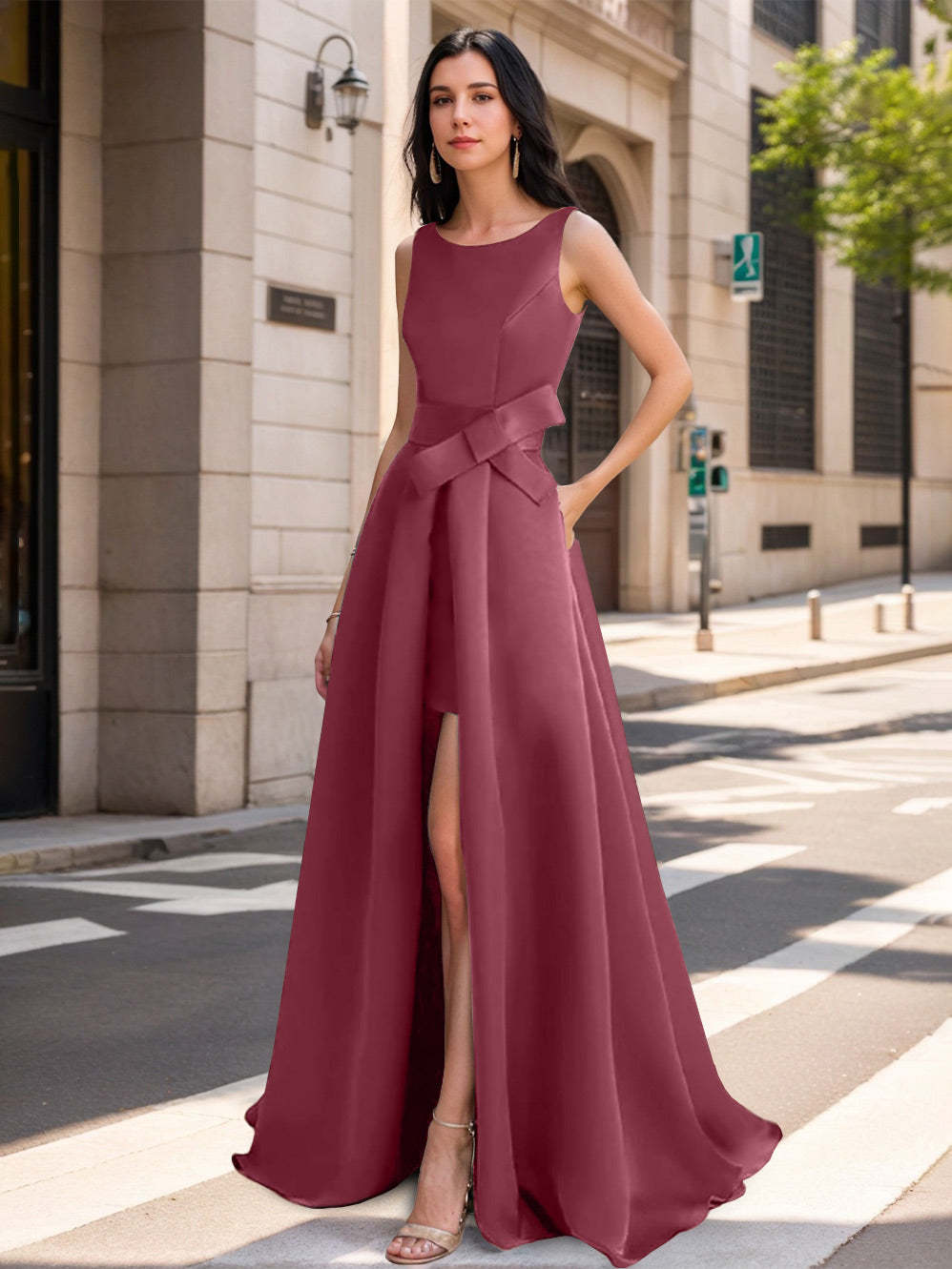 Mother of the Bride Scoop Neck A-Line/Princess Dress with High Split and Bow