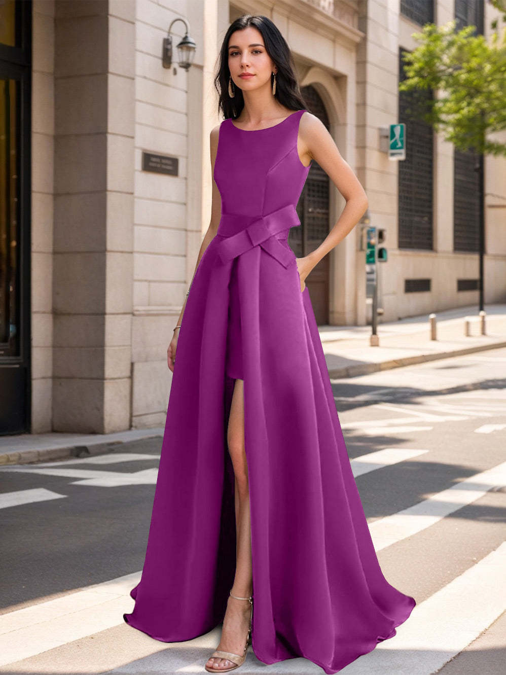 Mother of the Bride Scoop Neck A-Line/Princess Dress with High Split and Bow