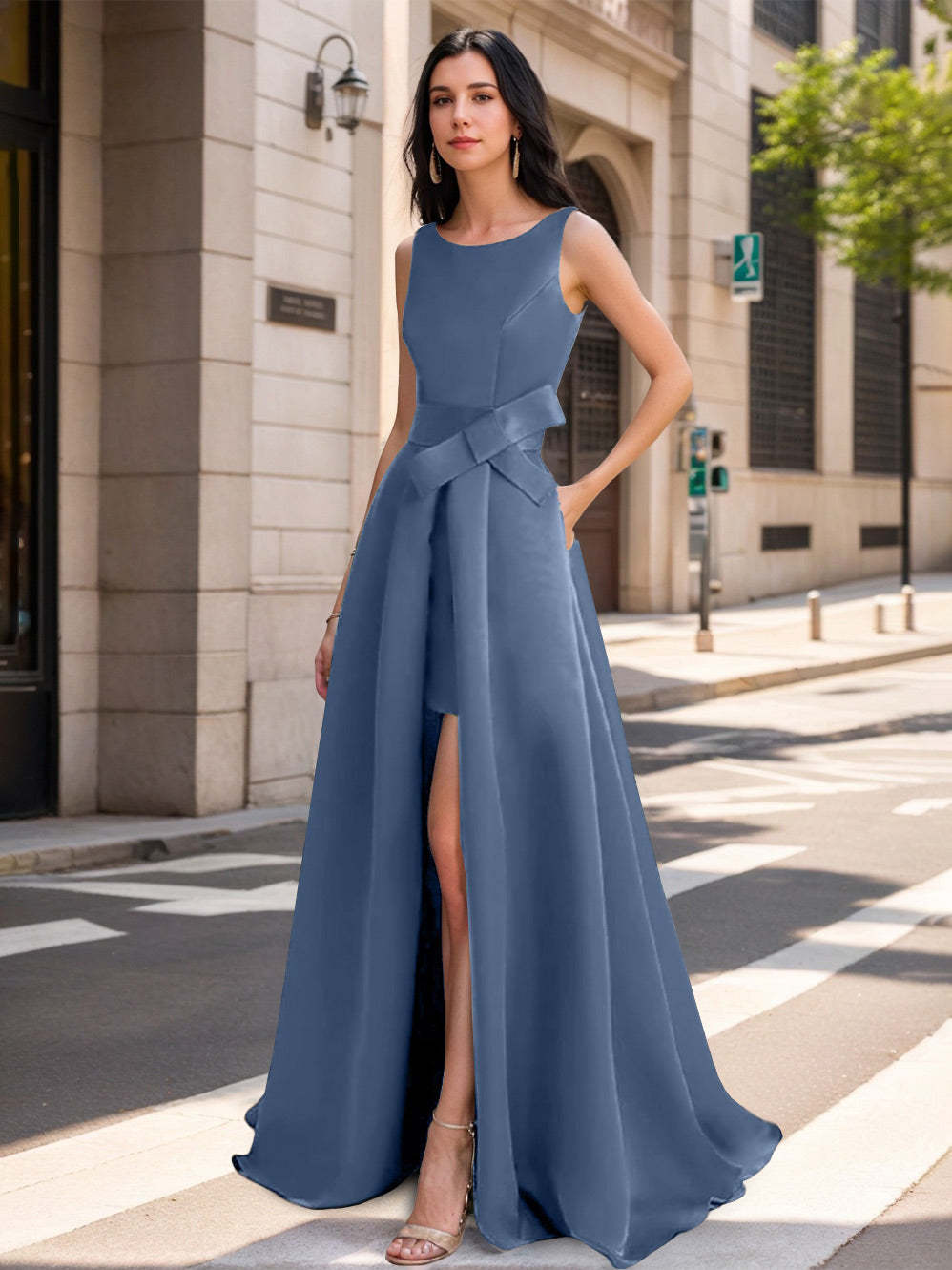 Mother of the Bride Scoop Neck A-Line/Princess Dress with High Split and Bow