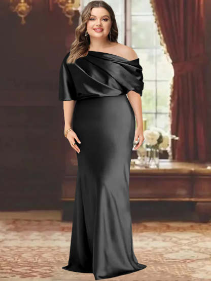 One-Shoulder Plus Size Floor-Length Sheath Mother of the Bride Dress with Ruffles