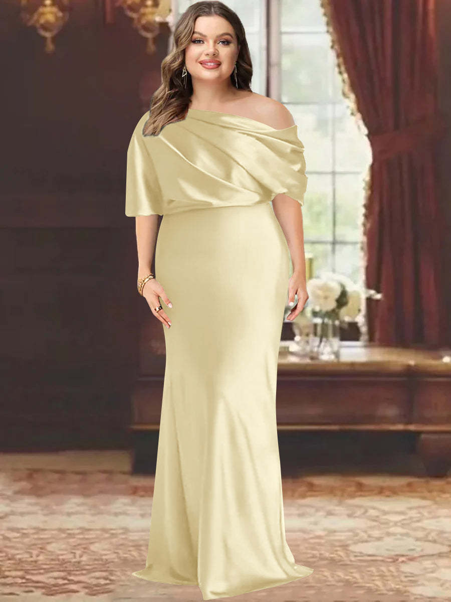 One-Shoulder Plus Size Floor-Length Sheath Mother of the Bride Dress with Ruffles