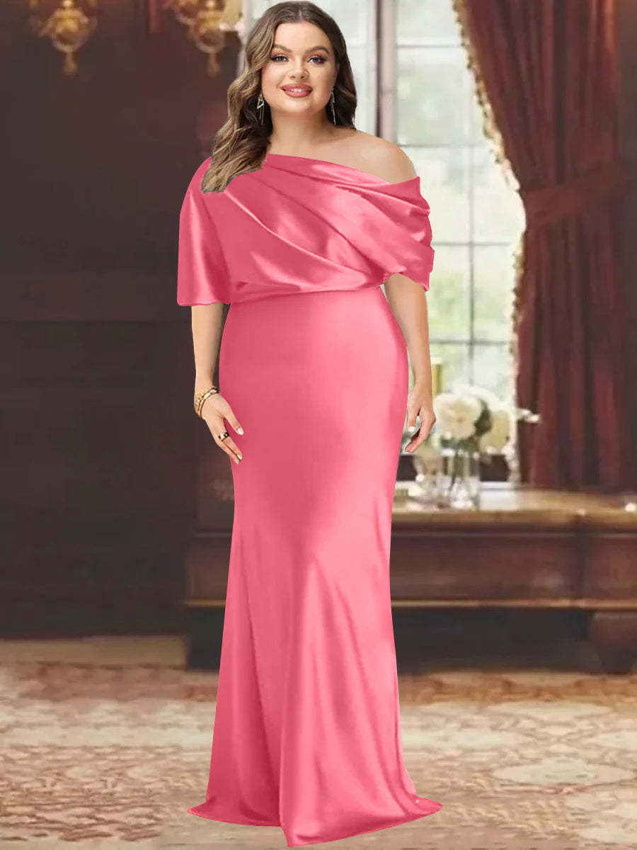 One-Shoulder Plus Size Floor-Length Sheath Mother of the Bride Dress with Ruffles