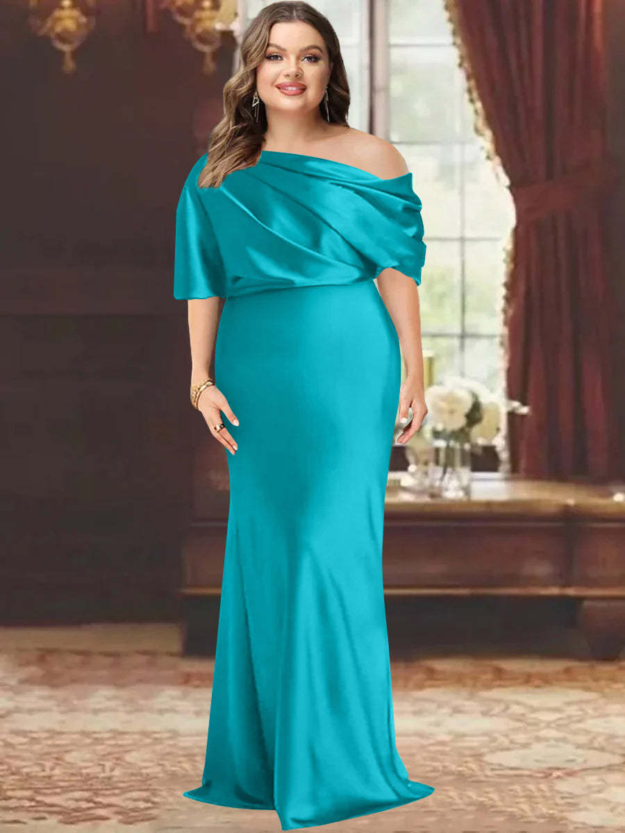 One-Shoulder Plus Size Floor-Length Sheath Mother of the Bride Dress with Ruffles