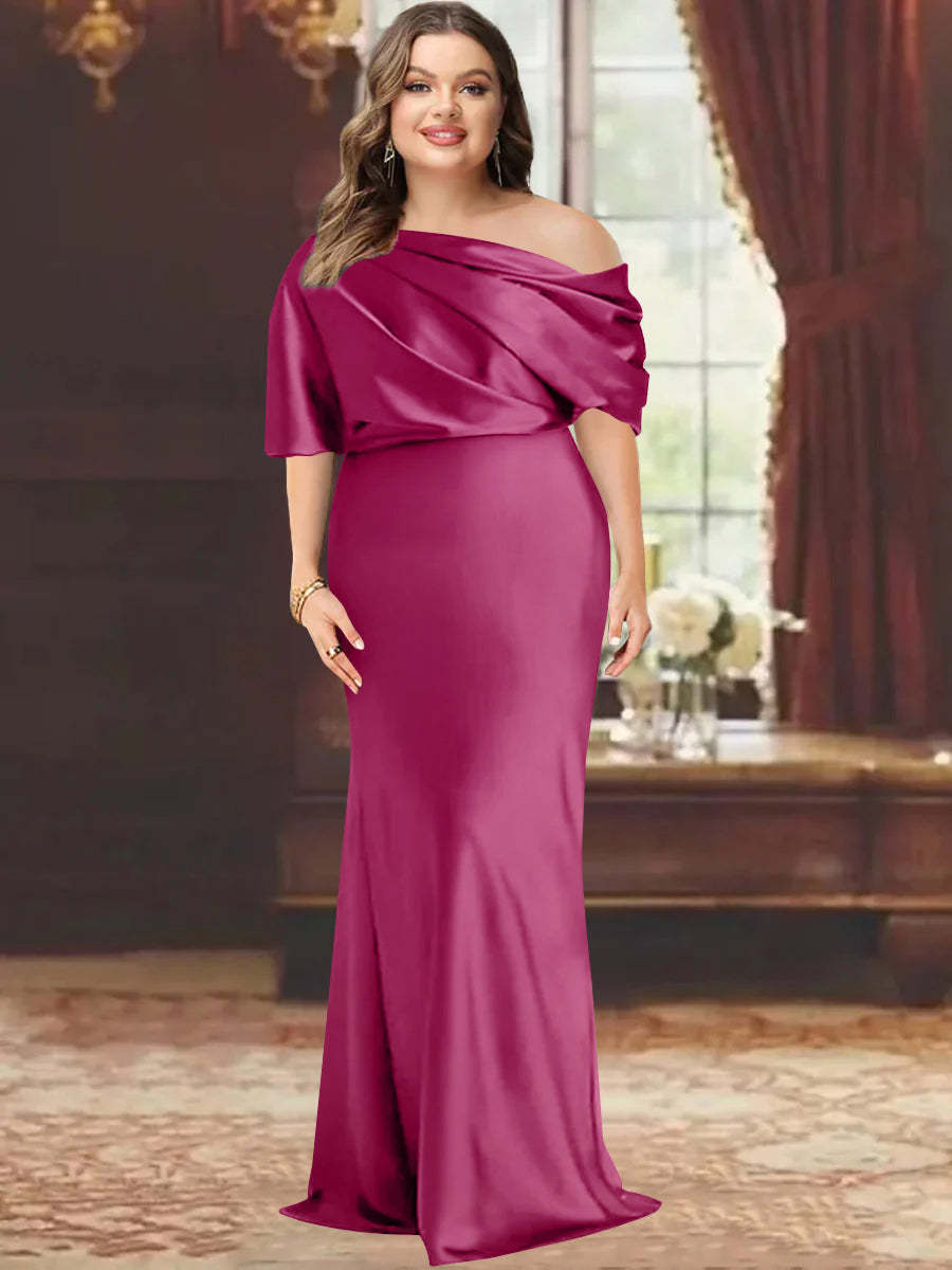 One-Shoulder Plus Size Floor-Length Sheath Mother of the Bride Dress with Ruffles