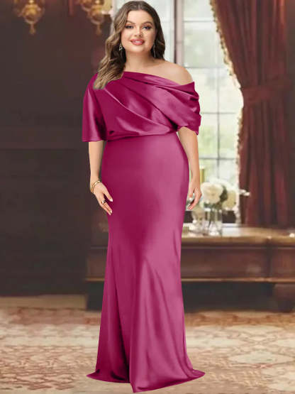 One-Shoulder Plus Size Floor-Length Sheath Mother of the Bride Dress with Ruffles
