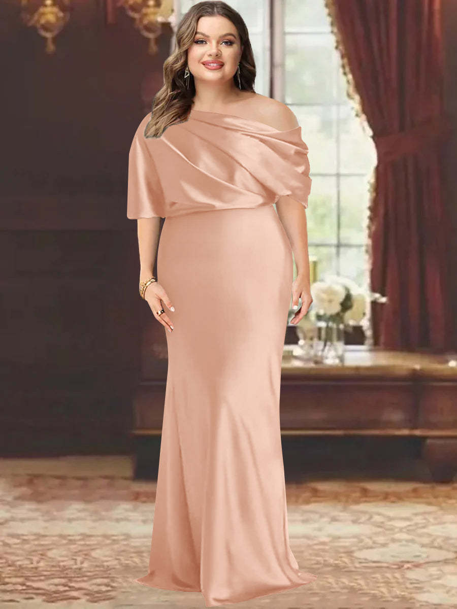 One-Shoulder Plus Size Floor-Length Sheath Mother of the Bride Dress with Ruffles
