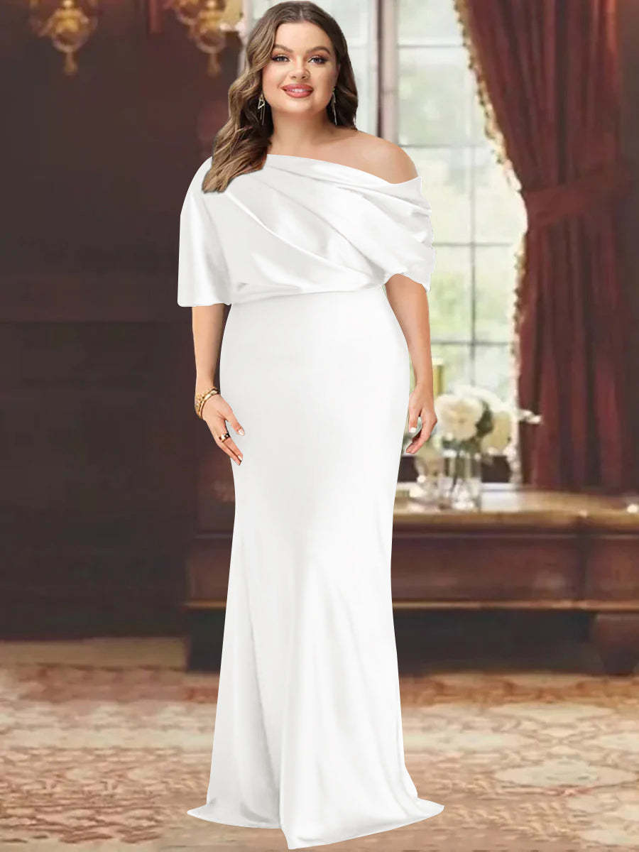 One-Shoulder Plus Size Floor-Length Sheath Mother of the Bride Dress with Ruffles