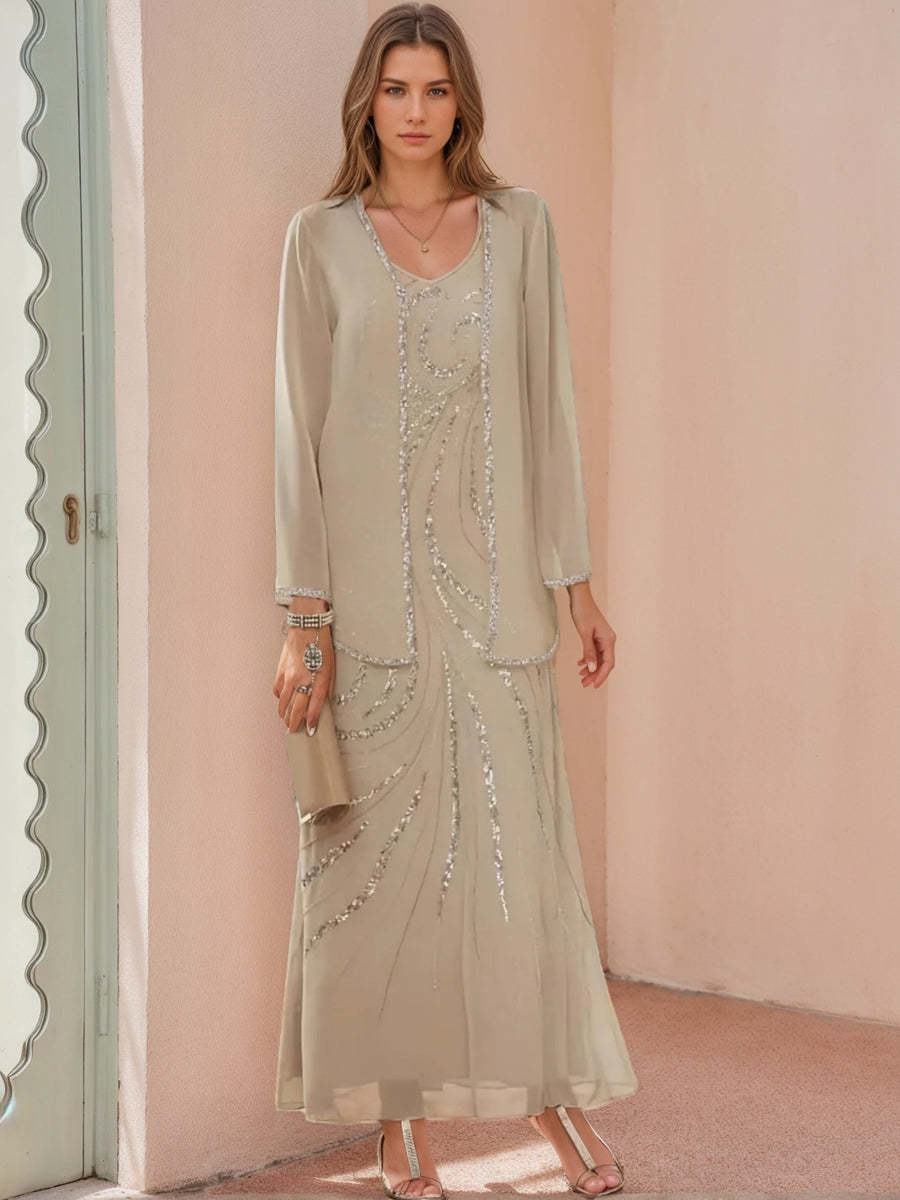 V-Neck Ankle-Length Sheath/Column Mother of the Bride Dresses with Sequins & Jacket