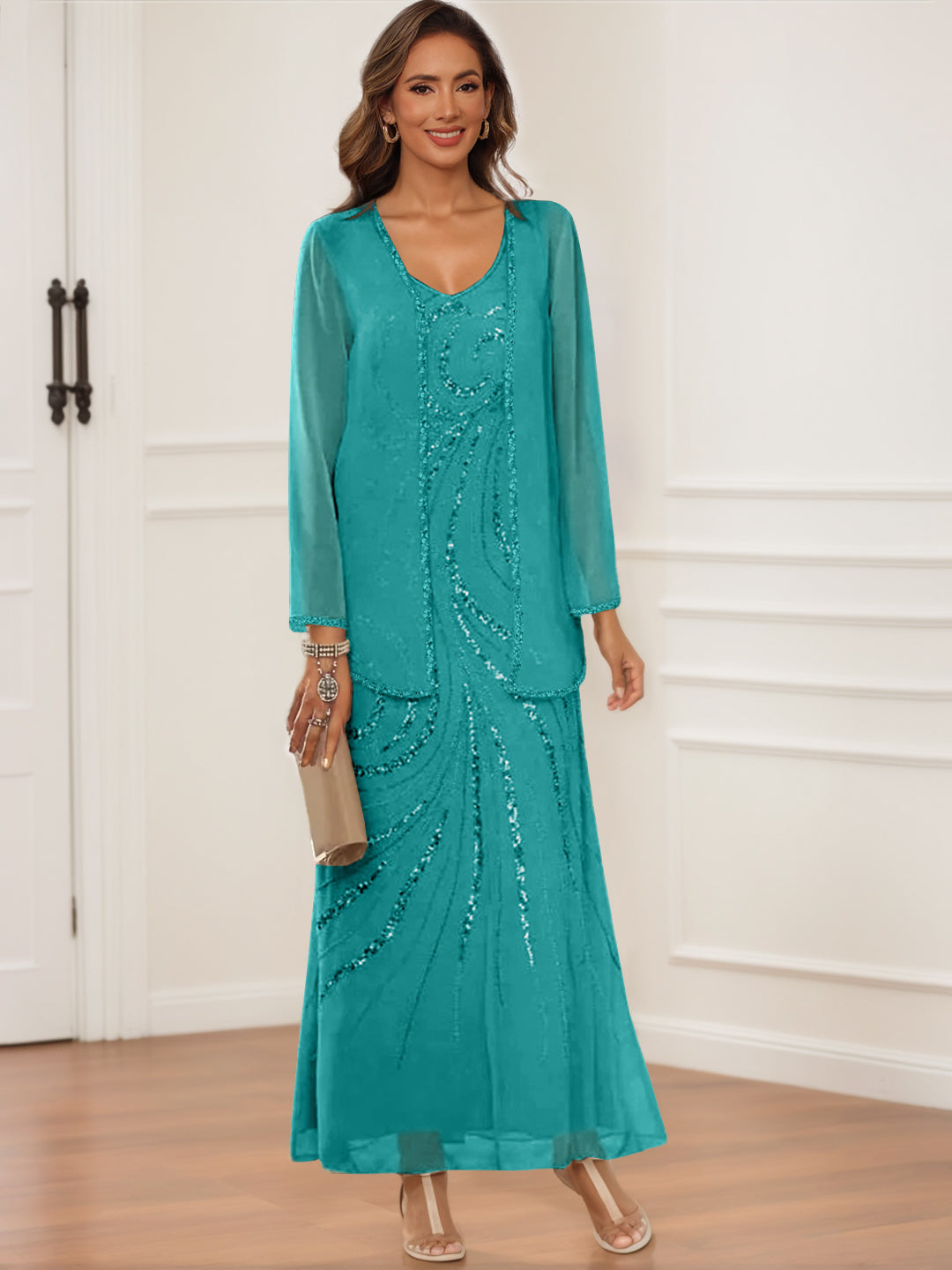 V-Neck Ankle-Length Sheath/Column Dress with Jacket & Sequins for Mothers of the Bride & Groom
