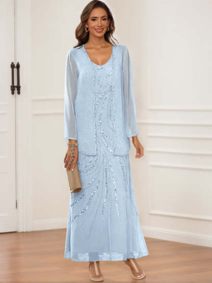 V-Neck Ankle-Length Sheath/Column Dress with Jacket & Sequins for Mothers of the Bride & Groom