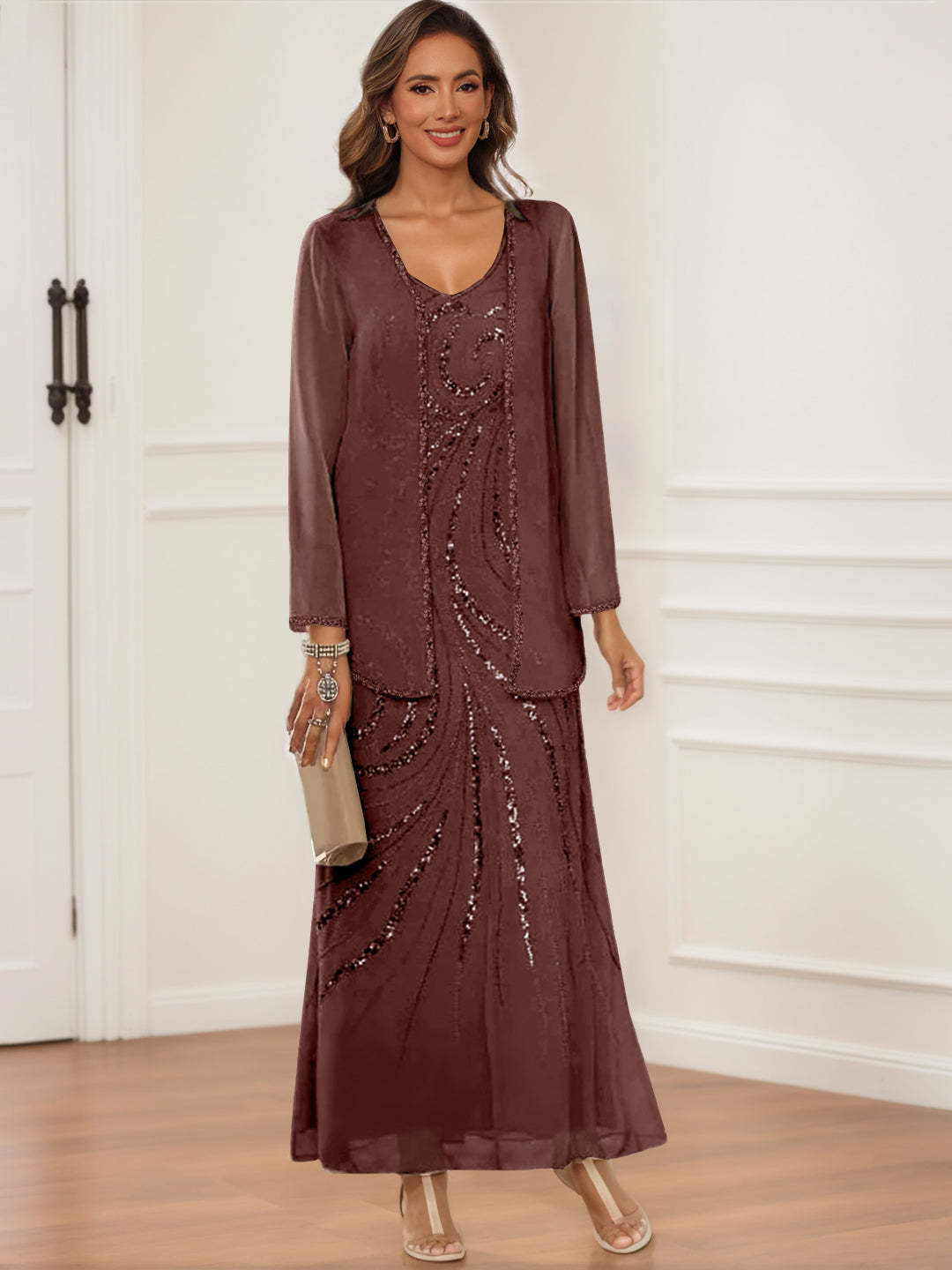 V-Neck Ankle-Length Sheath/Column Dress with Jacket & Sequins for Mothers of the Bride & Groom
