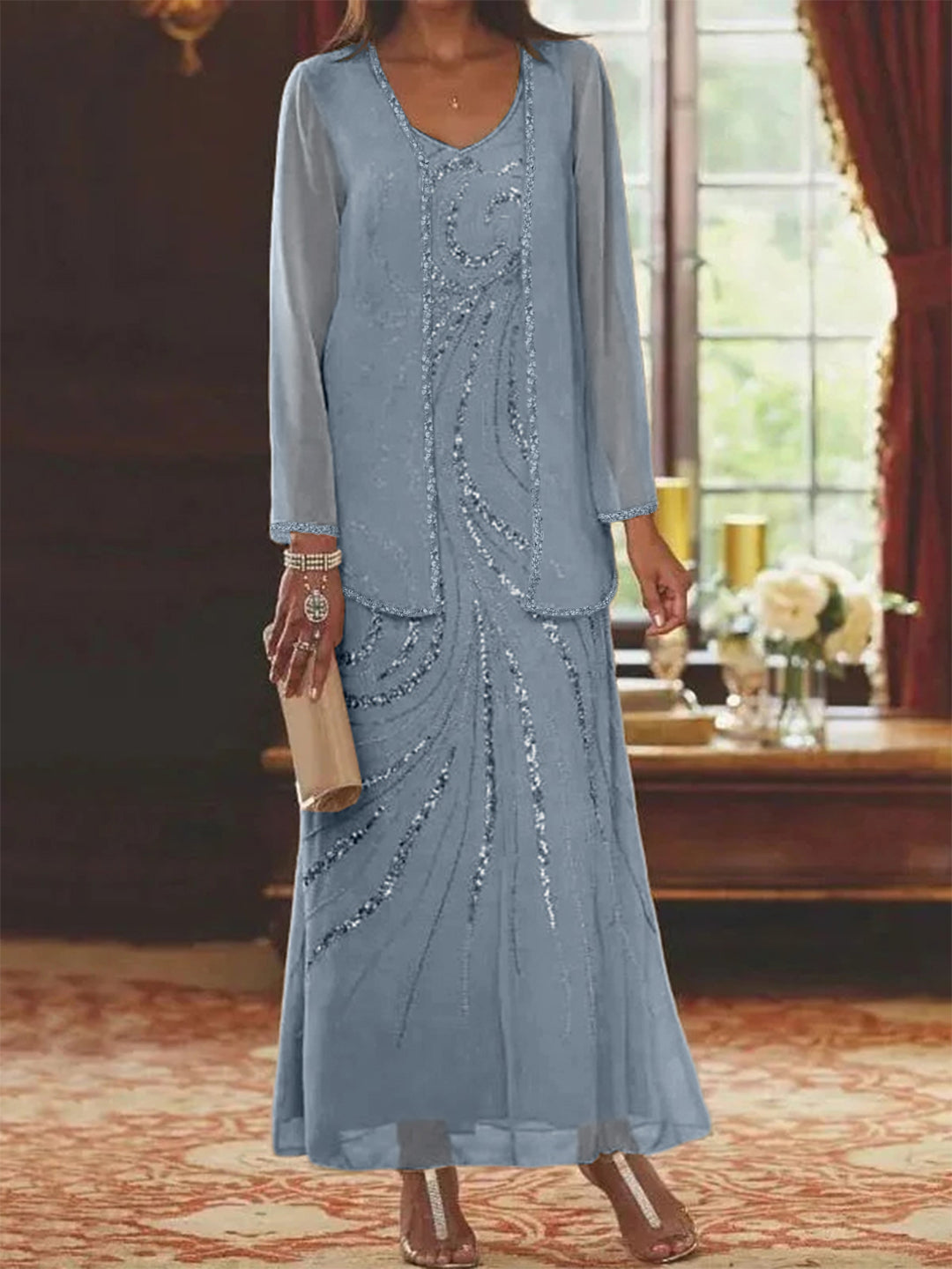 V-Neck Ankle-Length Sheath/Column Mother of the Bride Dresses with Sequins & Jacket