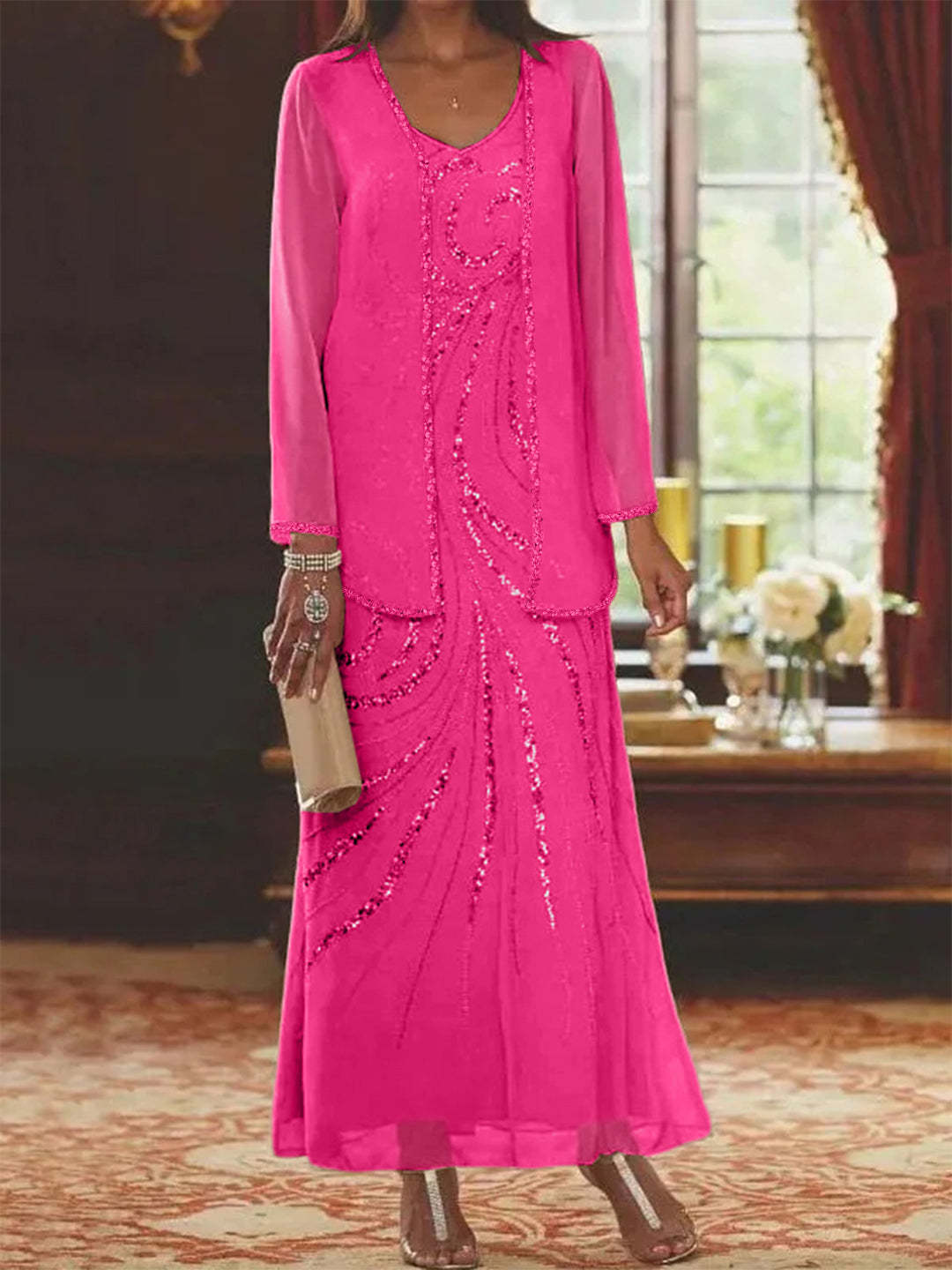 V-Neck Ankle-Length Sheath/Column Mother of the Bride Dresses with Sequins & Jacket