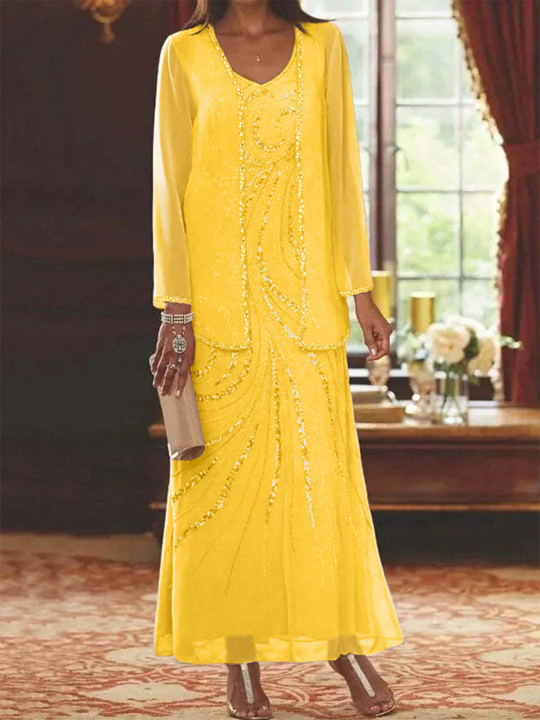 V-Neck Ankle-Length Sheath/Column Mother of the Bride Dresses with Sequins & Jacket