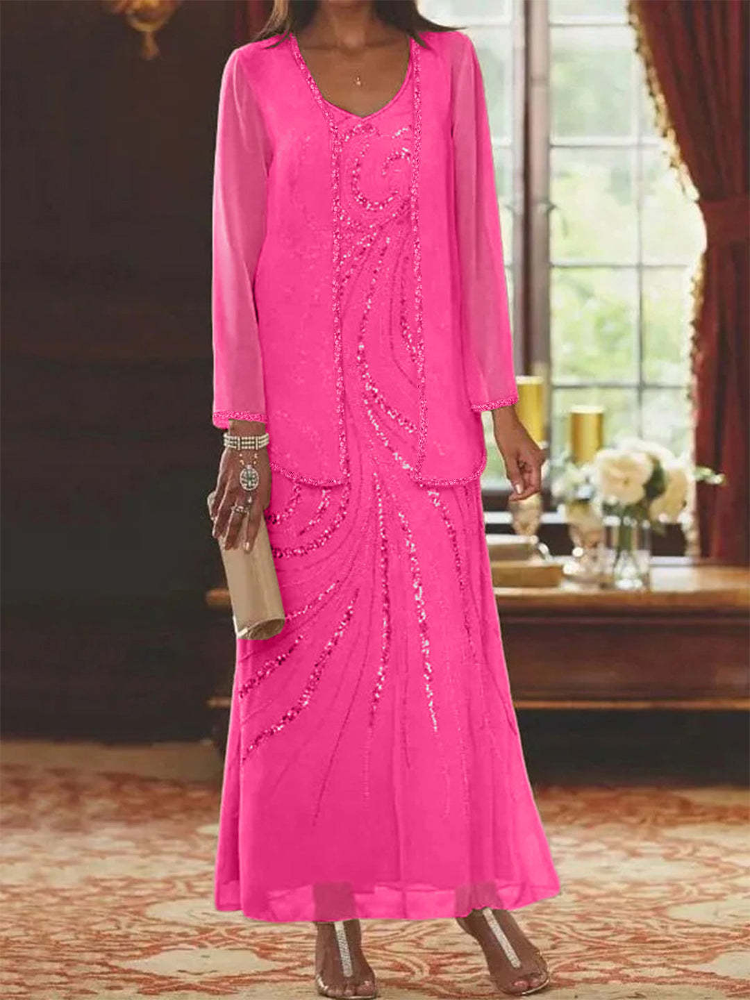 V-Neck Ankle-Length Sheath/Column Mother of the Bride Dresses with Sequins & Jacket