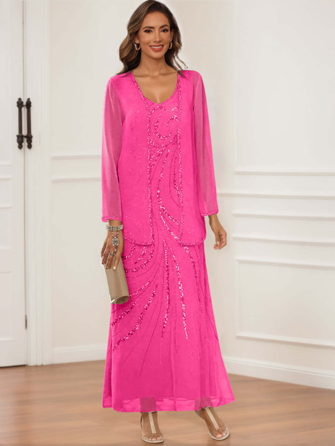 V-Neck Ankle-Length Sheath/Column Dress with Jacket & Sequins for Mothers of the Bride & Groom