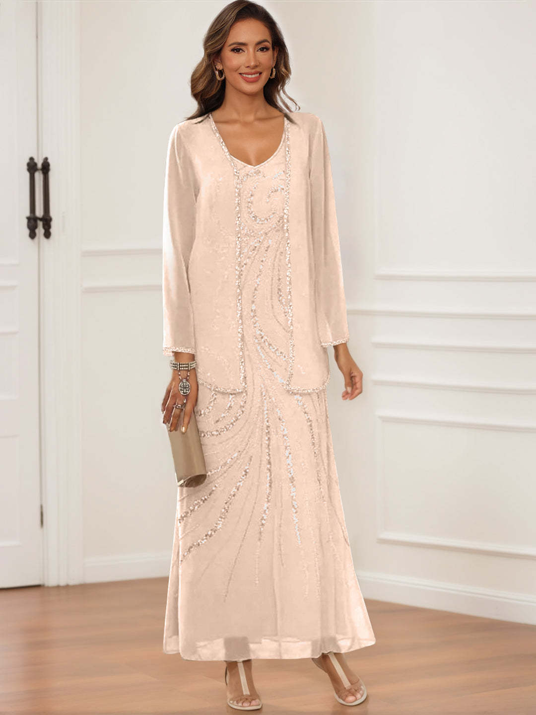V-Neck Ankle-Length Sheath/Column Dress with Jacket & Sequins for Mothers of the Bride & Groom