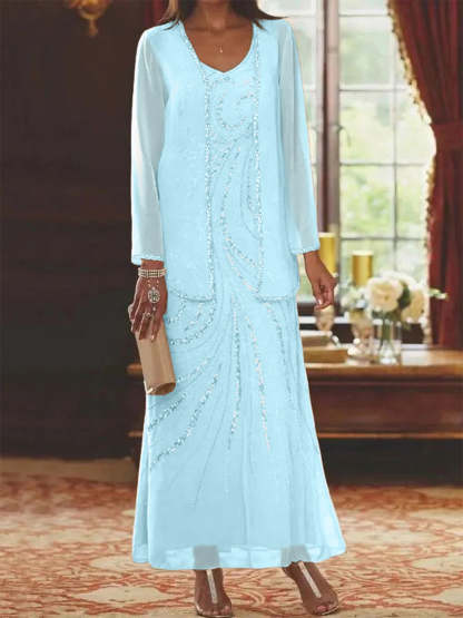 V-Neck Ankle-Length Sheath/Column Mother of the Bride Dresses with Sequins & Jacket