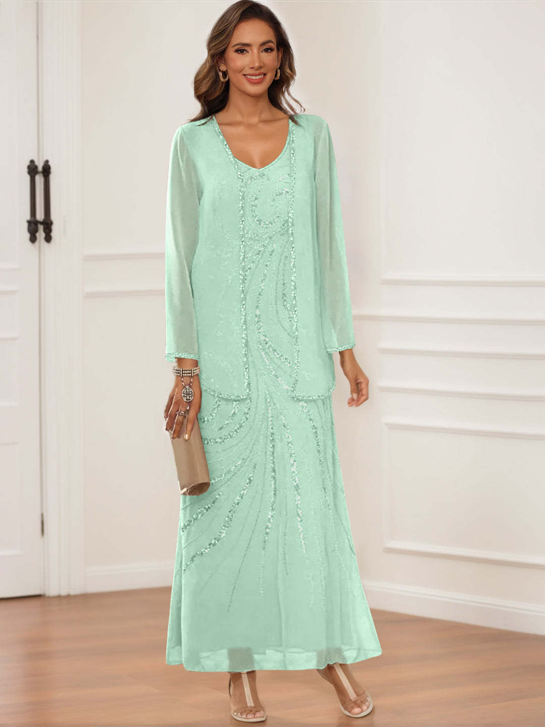 V-Neck Ankle-Length Sheath/Column Dress with Jacket & Sequins for Mothers of the Bride & Groom