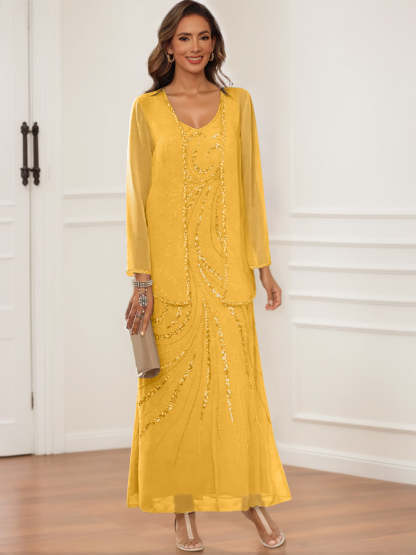V-Neck Ankle-Length Sheath/Column Dress with Jacket & Sequins for Mothers of the Bride & Groom