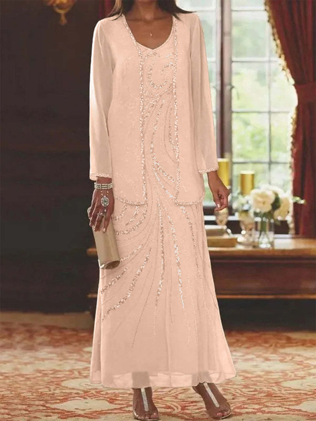 V-Neck Ankle-Length Sheath/Column Mother of the Bride Dresses with Sequins & Jacket