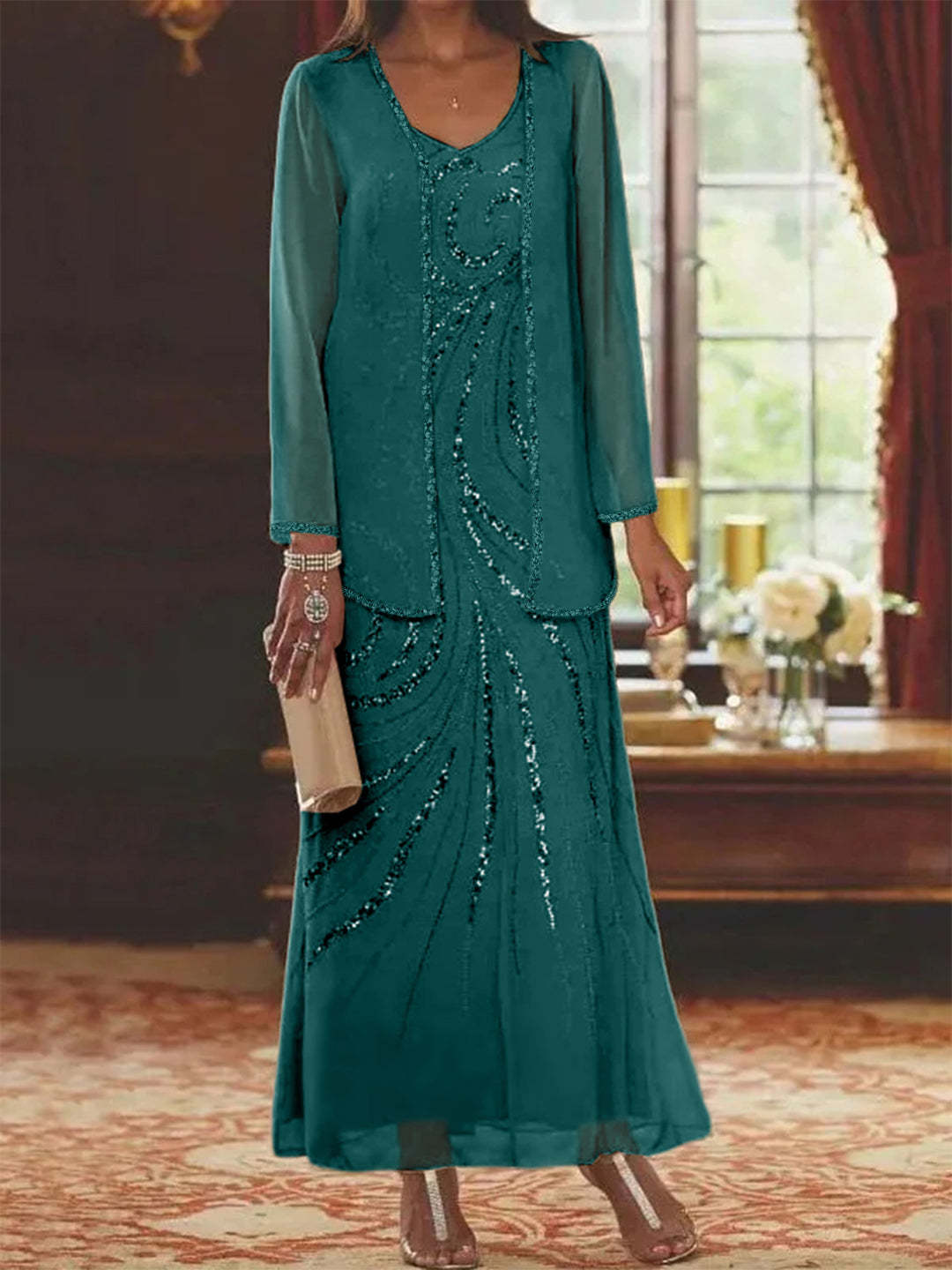 V-Neck Ankle-Length Sheath/Column Mother of the Bride Dresses with Sequins & Jacket