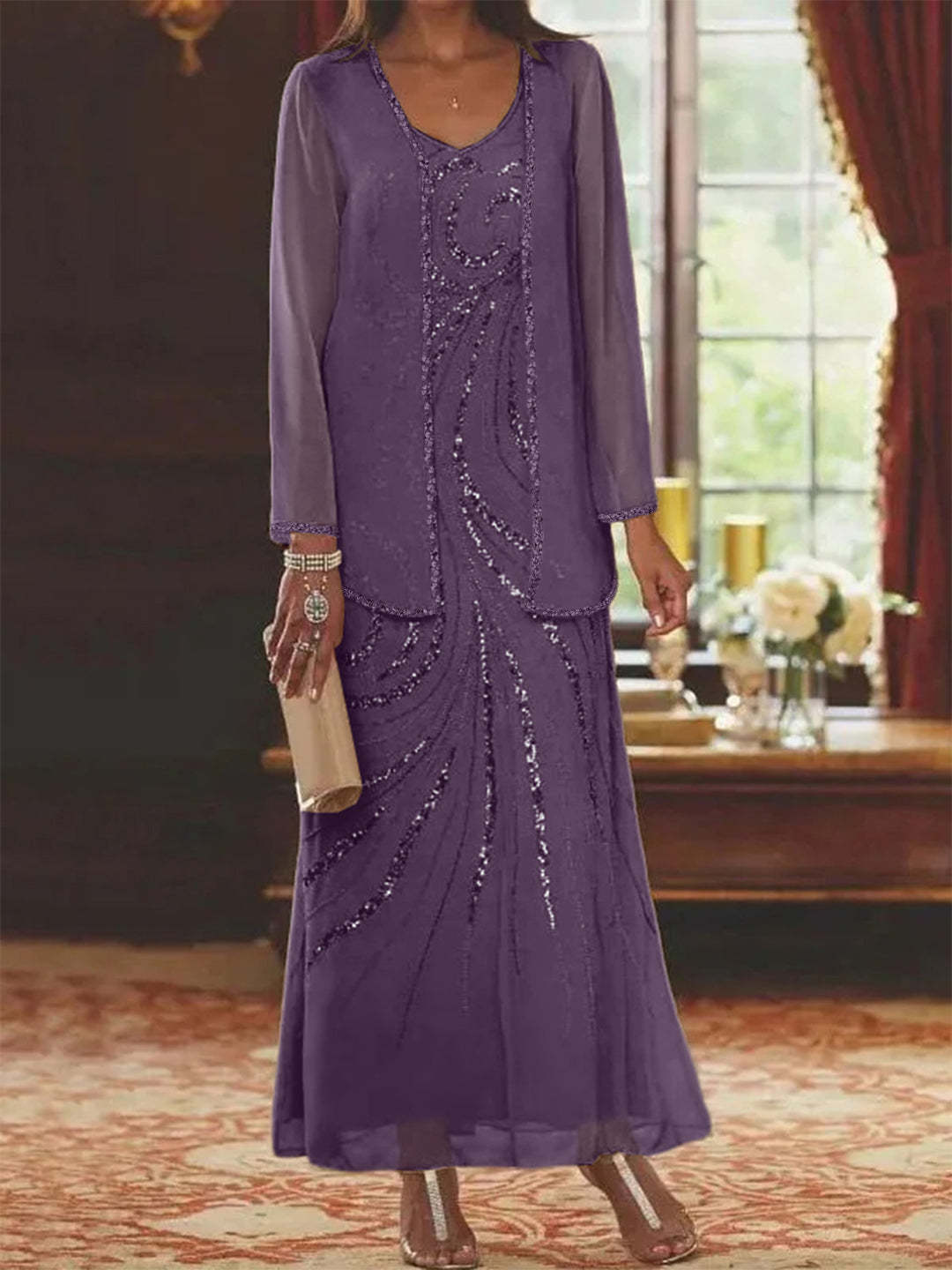 V-Neck Ankle-Length Sheath/Column Mother of the Bride Dresses with Sequins & Jacket
